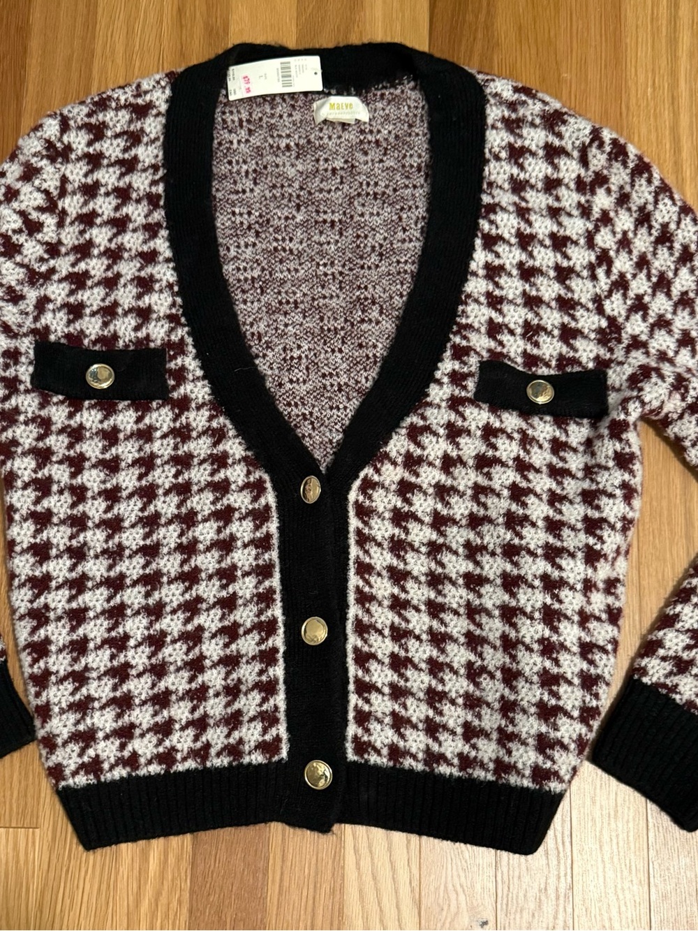 Maeve Burgundy & White Houndstooth Cardigan with Black Trim NWT